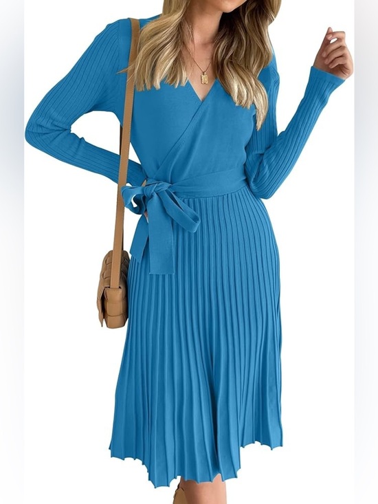 Zesica Dresses & Skirts - ZESICA Blue Wrap VNeckline Ribbed Knit Pleated Pullover Sweater Dress Medium NWT